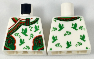 Torso Kimono Robe with Ornate Red and Green Trim, Birds and Flowers Pattern