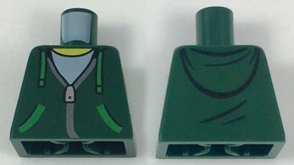 Torso Hoodie with Green Ties and Pockets, Silver Zipper over White Shirt and Hood on Back Pattern