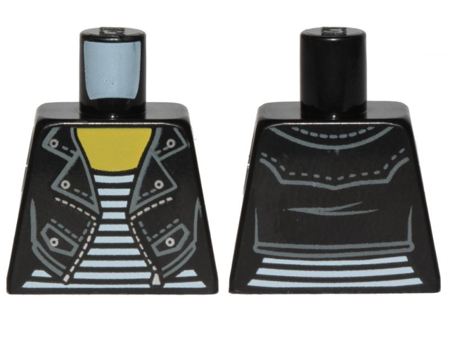 Torso Female Leather Jacket Open with Pockets and Silver Buttons and Zipper over Shirt with White Stripes, Yellow Neck Pattern