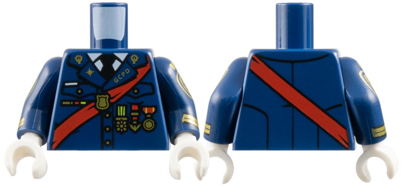 Torso Police Uniform Dress, Red Sash, 'GCPD' and Medals Pattern / Dark Blue Arms with Gold Police Crest and Piping Pattern / White Hands