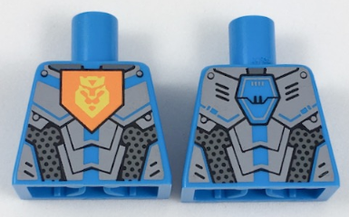 Torso Nexo Knights Armor with Orange Emblem with Yellow Crowned Lion, Silver Panels, Dark Azure Hexagon  Pattern