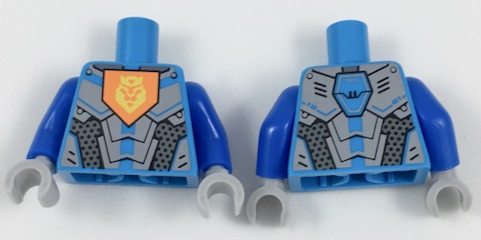 Torso Nexo Knights Armor with Orange Emblem with Yellow Crowned Lion, Silver Panels, Dark Azure Hexagon  Pattern / Blue Arms / Light Bluish Gray Hands