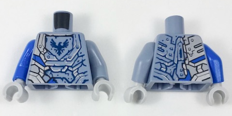 Torso Nexo Knights Armor Semi-Stone with Dark Blue Falcon in Shield Pattern / Sand Blue Arm Left / Blue Arm Right / Light Bluish Gray Hands