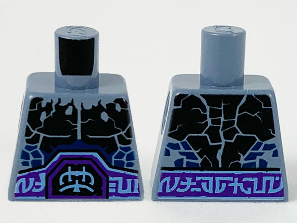 Torso Nexo Knights Bare Chest with Black Cracks, Dark Bluish Gray Scales, Dark Purple and Light Blue Belt Pattern
