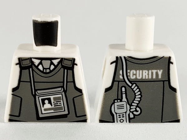 Torso Dark Bluish Gray Body Armor Vest over Shirt, Light Bluish Gray Tie, ID Badge, 'SECURITY' and Silver Radio on Back Pattern
