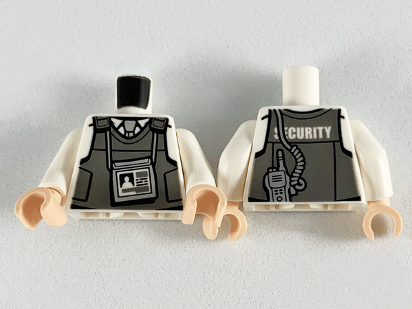 Torso Dark Bluish Gray Body Armor Vest over Shirt, Light Bluish Gray Tie, ID Badge, 'SECURITY' and Silver Radio on Back Pattern / White Arms / Light Nougat Hands