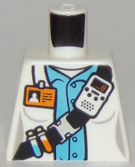 Torso Town Scientist Female with White Shirt Over Medium Blue Shirt, Name Tag, Beakers, and Radio Pattern
