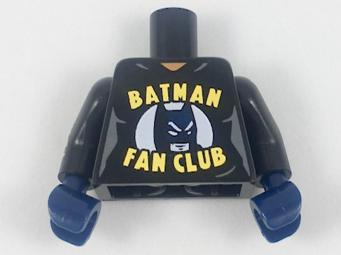 Torso Female with Yellow 'Batman Fan Club' Pattern / Black Arm Left with 2 Yellow Stripes Pattern / Black Arm Right with Yellow '#1 Batfan' Pattern / Dark Blue Hands