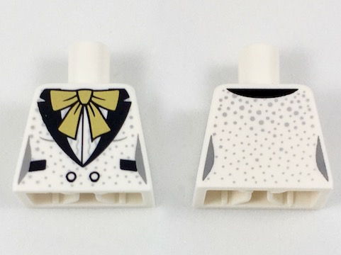 Torso Female Tuxedo Jacket, Large Gold Bow, Black Lapels and Pockets, Silver Speckles Pattern