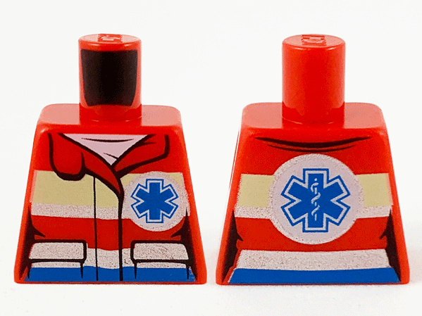 Torso Female Jacket over White Shirt, Tan and Silver Safety Stripes, Small Blue EMT Star and EMT Star of Life on Back Pattern