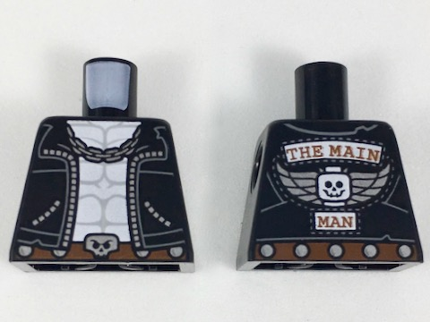 Torso Biker Vest, White Chest with Muscles Outline, Silver Chain, Belt with Skull Buckle, 'THE MAIN MAN' on Back Pattern