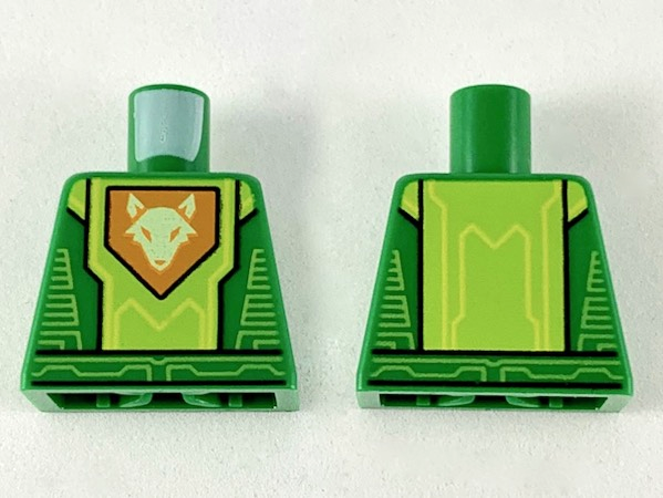 Torso Nexo Knights Armor with Lime Circuitry and Panel with Bright Light Yellow Fox Head on Orange Pentagonal Shield Pattern