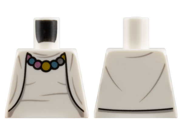 Torso Female Cardigan Sweater over Shirt, Necklace with Dark Silver, Gold, Metallic Light Blue, and Metallic Pink Beads Pattern