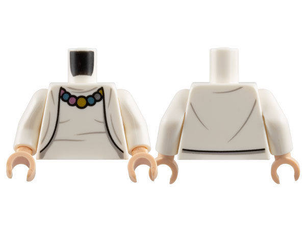 Torso Female Cardigan Sweater over Shirt, Necklace with Dark Silver, Gold, Metallic Light Blue, and Metallic Pink Beads Pattern / White Arms / Light Nougat Hands