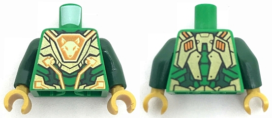 Torso Nexo Knights Gold Armor Plates with Bright Light Yellow and Orange Circuitry and Fox Head Emblem Pattern / Dark Green Arms / Pearl Gold Hands