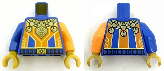Torso Nexo Knights Orange Stripes with Gold Bells and Trim Pattern / Orange Arm Left / Blue Arm Right / Pearl Gold Hands