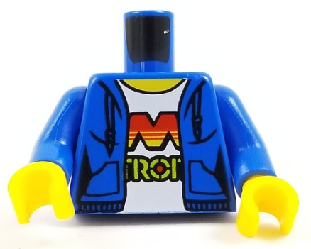 Torso Female Hoodie with Laces and Pockets over White Shirt with M:Tron Logo Pattern / Blue Arms / Yellow Hands