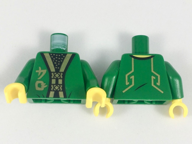 Torso Ninjago Robe with Gold Trim and Symbols over Black Shirt with Gold Dots Pattern / Green Arms / Yellow Hands