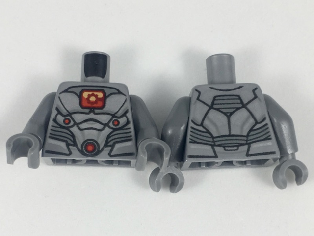 Torso Plate Armor, Red and Orange Window with Cyborg Cog, Red and Orange Lights Pattern / Dark Bluish Gray Arms / Dark Bluish Gray Hands