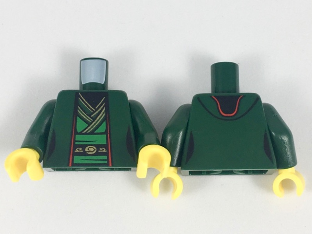 Torso Ninjago Female Robe over Bright Green Tunic with Sash and Black and Gold Trim Pattern / Dark Green Arms / Yellow Hands
