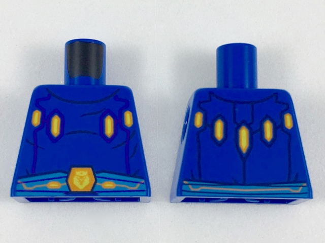 Torso Nexo Knights with Orange and Yellow Crystals, Dark Azure Belt with Crowned Lion Hexagon Buckle Pattern