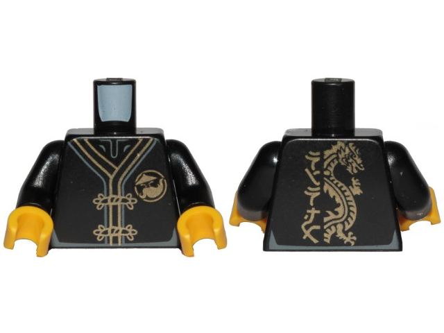 Torso Ninjago Robe with Gold Frog Clasps, Gold Sensei Wu Emblem Front and Gold Dragon Back Pattern / Black Arms / Yellow Hands