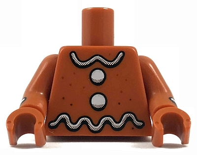 Torso with White Wavy Lines and Circles Icing, Reddish Brown Dots Pattern / Dark Orange Arms with White Stripe Icing and Reddish Brown Dots Pattern / Dark Orange Hands