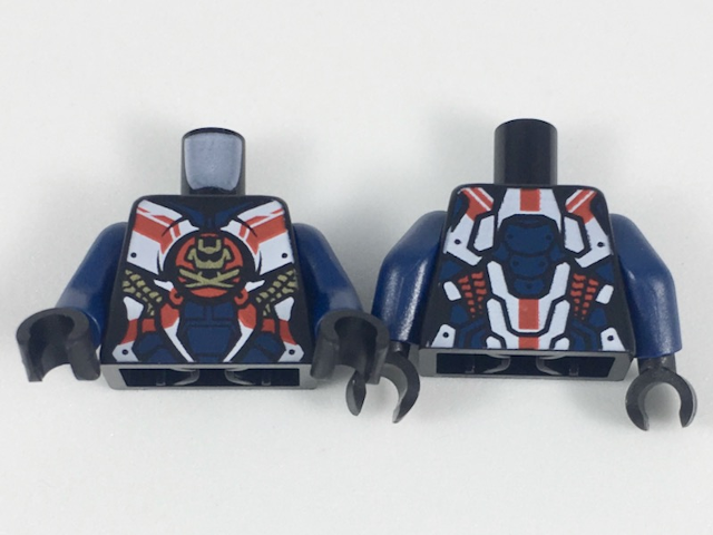 Torso Female Armor, White and Dark Blue Panels, Gold Samurai X Logo, Gold and Red Trim Pattern / Dark Blue Arms / Black Hands