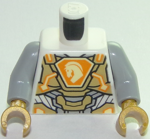 Torso Nexo Knights Armor, Gold Panels, Orange Emblem, Yellow Horse Head Pattern / Light Bluish Gray Arms / Pearl Gold Hands