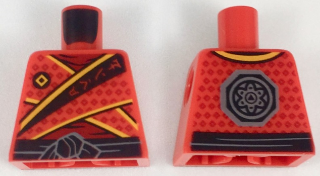 Torso Tunic with Bright Light Orange Trim, Diamonds and Ninjago Logogram 'FIRE' over Dark Red Shirt, Black Waist Sash with Knot, Dark Bluish Gray Octagon Logo on Back Pattern