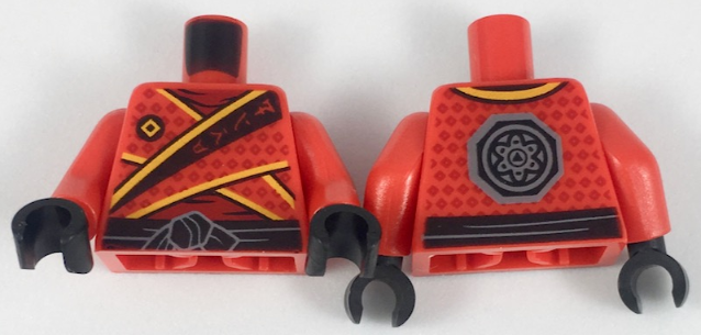 Torso Tunic with Bright Light Orange Trim, Diamonds and Ninjago Logogram 'FIRE' over Dark Red Shirt, Black Waist Sash with Knot, Dark Bluish Gray Octagon Logo on Back Pattern / Red Arms / Black Hands