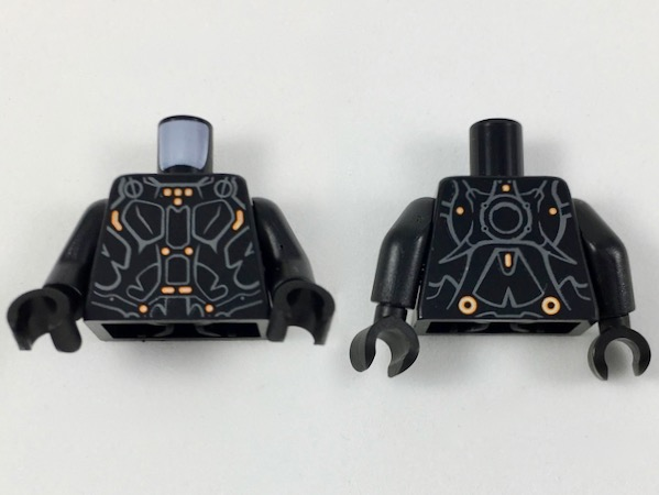 Torso White/Orange Markings and Dark Bluish Gray Lines Pattern / Black Arms / Black Hands