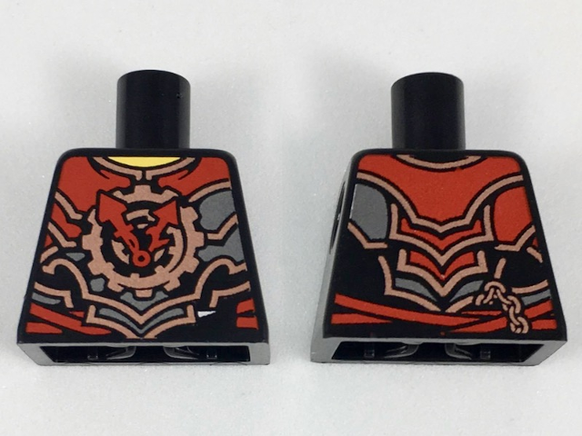 Torso Ninjago Black, Red, Dark Silver, Silver and Copper Armor with Red Clock Hands, Yellow Neck Pattern