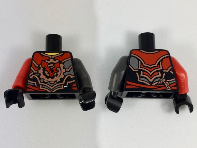 Torso Ninjago Black, Red, Dark Silver, Silver and Copper Armor with Red Clock Hands, Yellow Neck Pattern / Pearl Dark Gray Arm Left / Red Arm Right / Black Hands
