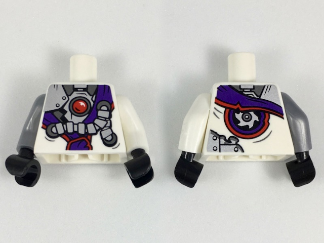 Torso Ninjago Robe with Purple Sash with Knot, Mechanical Parts and Silver Saw Blade Pattern / White Arm Left / Flat Silver Arm Right / Black Hands