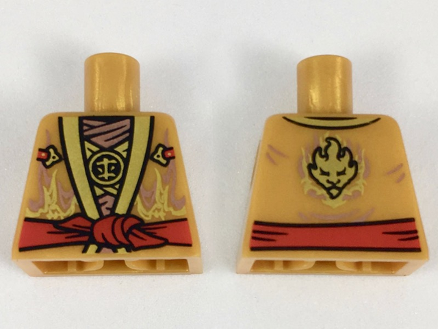 Torso Ninjago Robe, Gold and Copper Flames, Red Sash Pattern