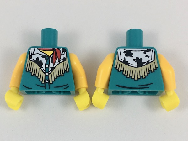 Torso Western Shirt with White Cowhide Top, Tan Fringe, Red Bandana Pattern / Bright Light Orange Arms / Yellow Hands