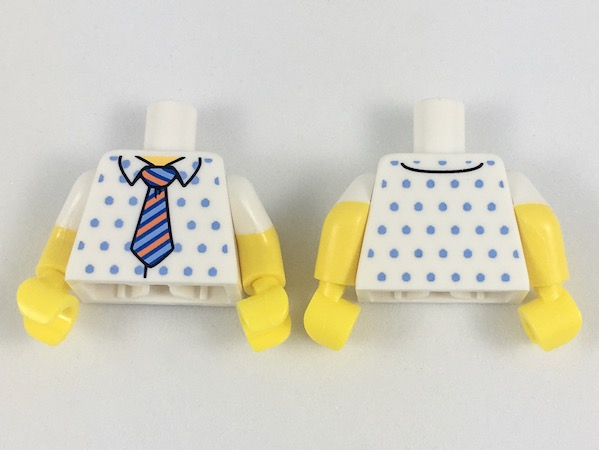 Torso Shirt with Medium Blue Dots, Orange, Dark Blue and Bright Light Blue Striped Tie Pattern / Yellow Arms with Molded White Short Sleeves Pattern / Yellow Hands