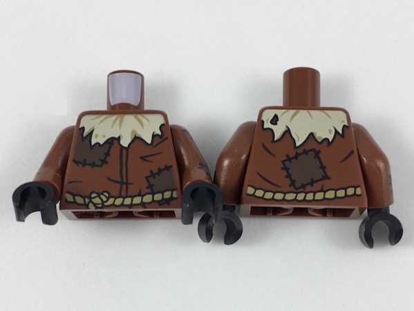 Torso Worn Shirt with Tan Straw at Neck and Dark Brown Patches, Dark Tan Rope Belt / Reddish Brown Arms with Dark Brown Patches Pattern / Black Hands