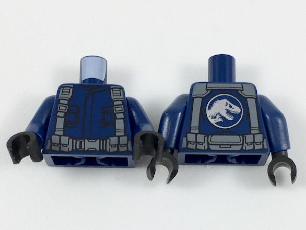 Torso Shirt with Pockets, Dark Bluish Gray Suspenders and Belt with Pouches, Silver Jurassic World Logo on Back Pattern / Dark Blue Arms / Black Hands