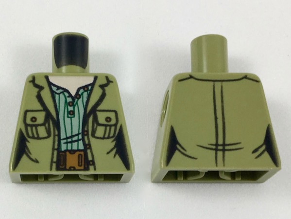 Torso Female Jacket with Pockets over Sand Green Shirt with Green Stripes, Reddish Brown Belt Pattern