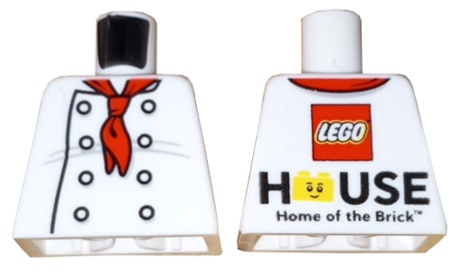 Torso Chef with 8 Buttons, Long Red Neckerchief, Light Bluish Gray Wrinkles Front, LEGO House Home of the Brick Back Pattern