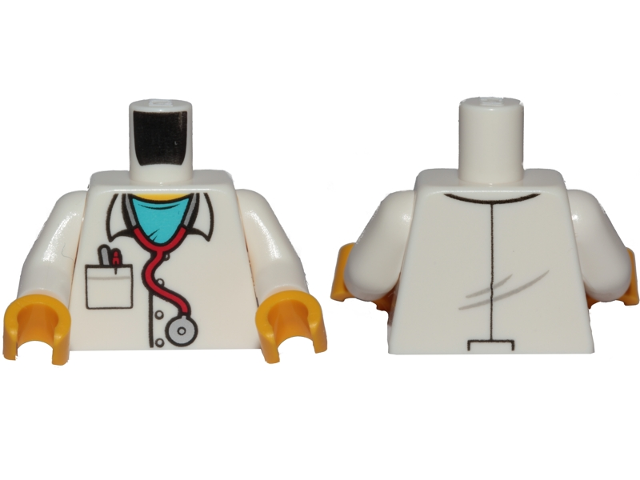 Torso Hospital Lab Coat, Medium Azure Scrubs, Stethoscope, Pocket with Pens Pattern / White Arms / Yellow Hands