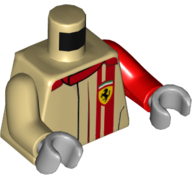 Torso Speed Champions with Ferrari Logo on Front and Back Pattern / Red Arm Left  / Tan Arm Right / Light Bluish Gray Hands