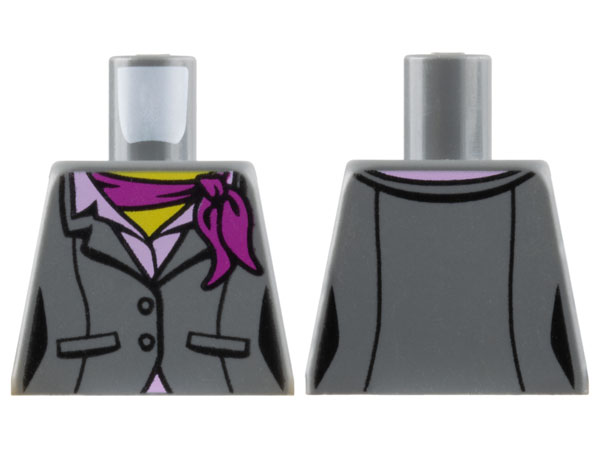 Torso Female Suit Jacket with Buttons, Pockets, and Seams over Bright Pink Shirt with Collar, Magenta Scarf, Yellow Neck Pattern