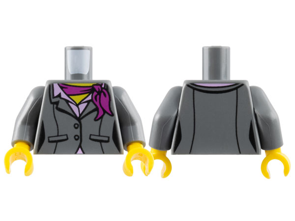 Torso Female Suit Jacket with Buttons, Pockets, and Seams over Bright Pink Shirt with Collar, Magenta Scarf, Yellow Neck Pattern / Dark Bluish Gray Arms / Yellow Hands