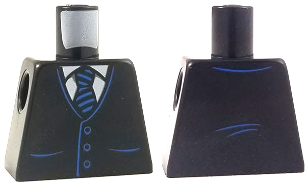 Torso Vest with Pockets and Buttons over White Shirt, Tie with Blue Stripes, Back Creases Pattern