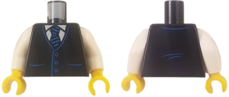 Torso Vest with Pockets and Buttons over White Shirt, Tie with Blue Stripes, Back Creases Pattern / White Arms / Yellow Hands