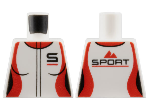 Torso Female Racing Suit with Black Capital Letter S and Red Collar and Side Panels, Mountains Logo and 'SPORT' on Back Pattern