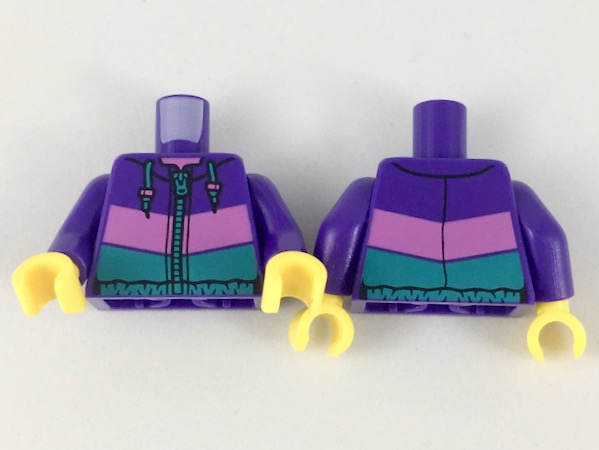 Torso Jacket with Medium Dark Pink and Dark Turquose Panels, Dark Turquoise Zipper and Hood Pulls Pattern / Dark Purple Arms / Yellow Hands